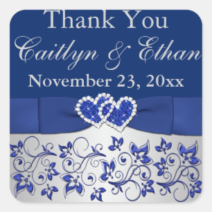 Blue, Silver Grey Floral Wedding Favour Sticker