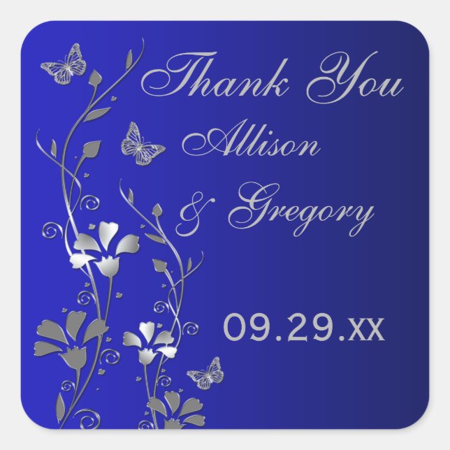 Blue, Silver Grey Floral with Butterflies Sticker (Front)