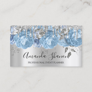 Blue Silver Grey Glitter Drip Logo Event Planner Business Card