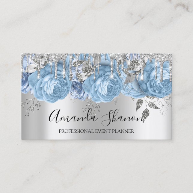 Blue Silver Grey Glitter Drip Logo Event Planner Business Card (Front)