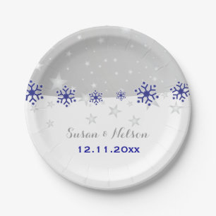Blue, silver grey snowflake modern wedding paper plate