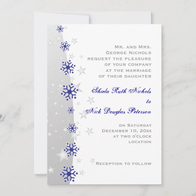 Blue, silver grey snowflake wedding invitation (Front)
