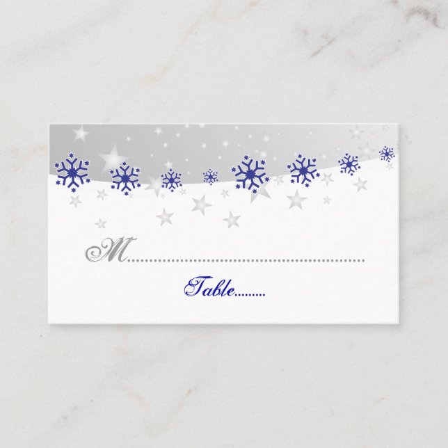 Blue, silver grey snowflake wedding place card (Front)