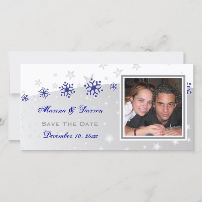 Blue, silver grey snowflake wedding Save the Date (Front)
