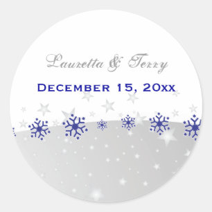 Blue, silver grey snowflake wedding Save the Date Classic Round Sticker