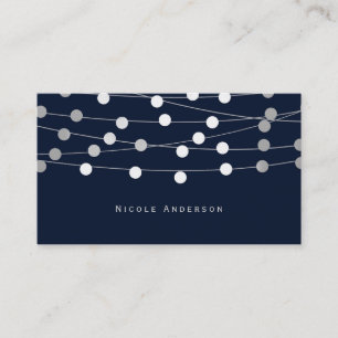Blue Silver Grey String Lights Modern Chic Glam Business Card