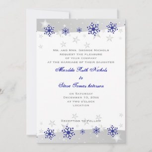 Blue, silver grey white snowflake wedding invitation
