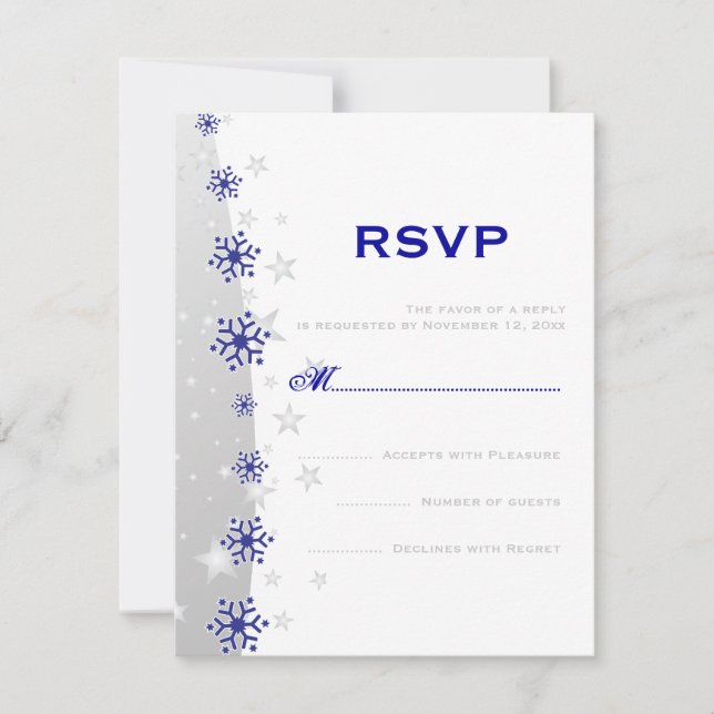 Blue, silver grey white snowflake wedding RSVP (Front)