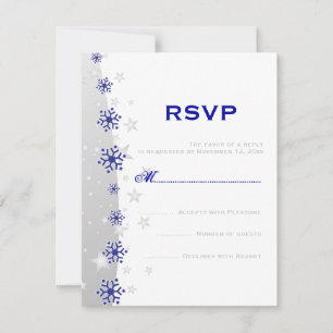 Blue, silver grey white snowflake wedding RSVP Card