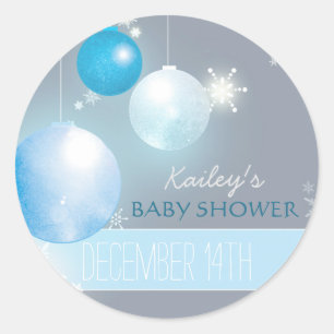 Blue Silver Grey Winter Baby Boy Shower Classic Round Sticker