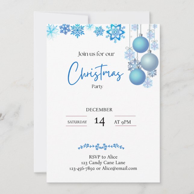 Blue & Silver Hanging Baubles Snowflakes Christmas Invitation (Front)