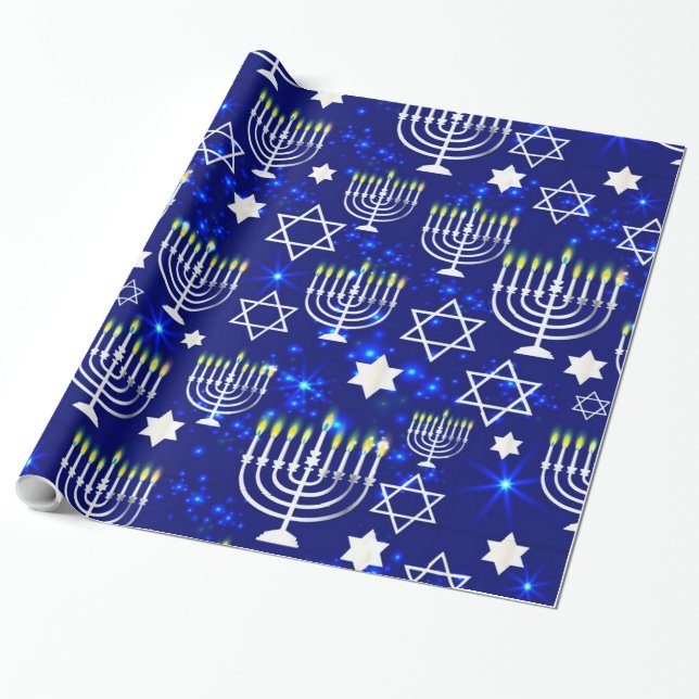 Blue & Silver Hanukkah Menorah Wrapping Paper (Unrolled)