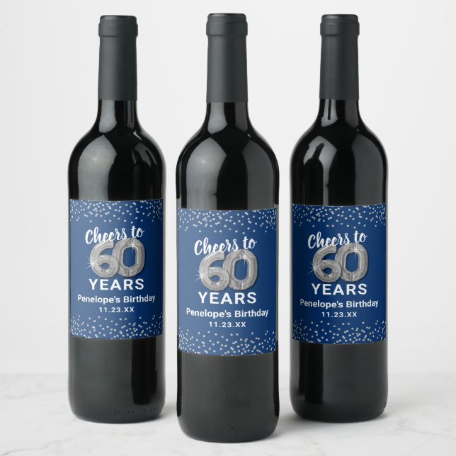 Blue Silver Happy 60th Birthday Wine Label (Bottles)