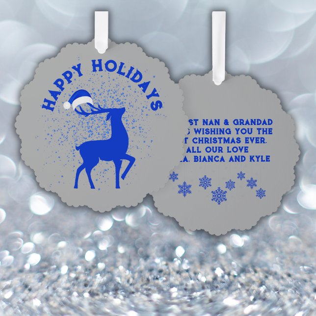 Blue/Silver Happy Holidays Reindeer with Monogram Tree Decoration Card (Creator Uploaded)