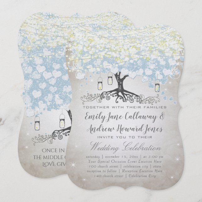 Blue & Silver Heart Leaf Tree Woodsy Boho Wedding Invitation (Front/Back)
