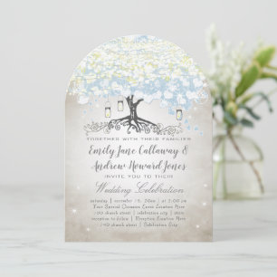 Blue & Silver Heart Leaf Tree Woodsy Boho Wedding Invitation