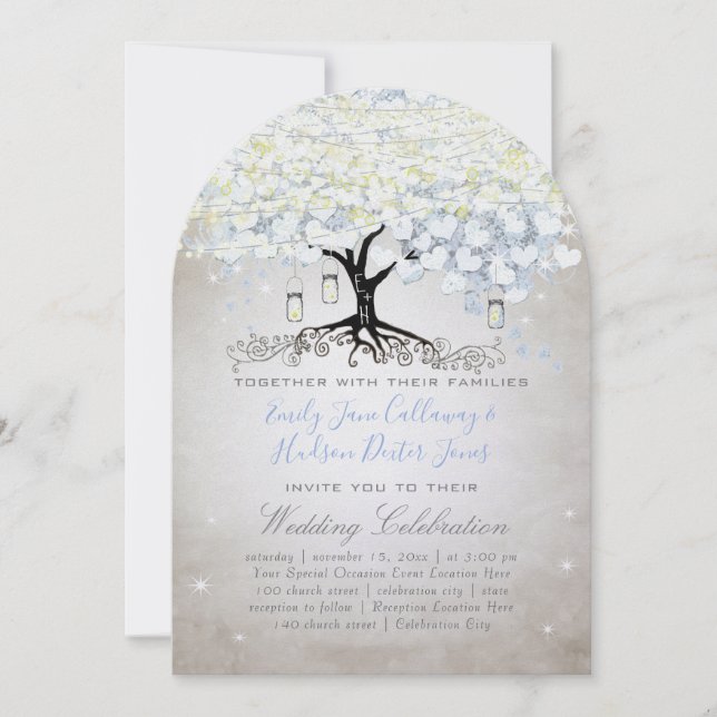 Blue & Silver Heart Leaf Tree Woodsy Boho Wedding Invitation (Front)