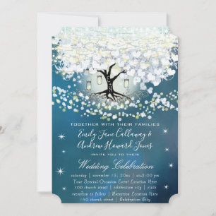 Blue & Silver Heart Leaf Tree Woodsy Boho Wedding Invitation