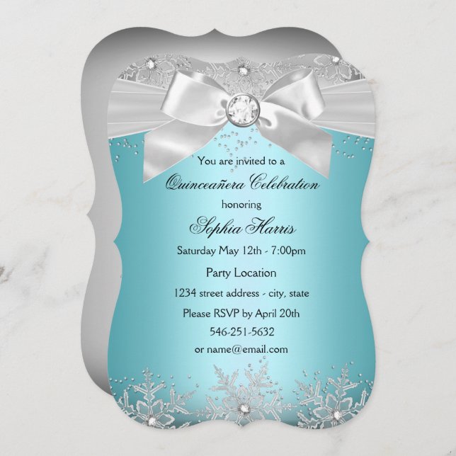 Blue Silver Jewel Bow Snowflake Quinceanera Invitation (Front/Back)