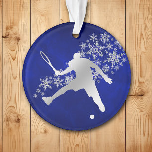 Blue Silver Male Tennis Player Ornament