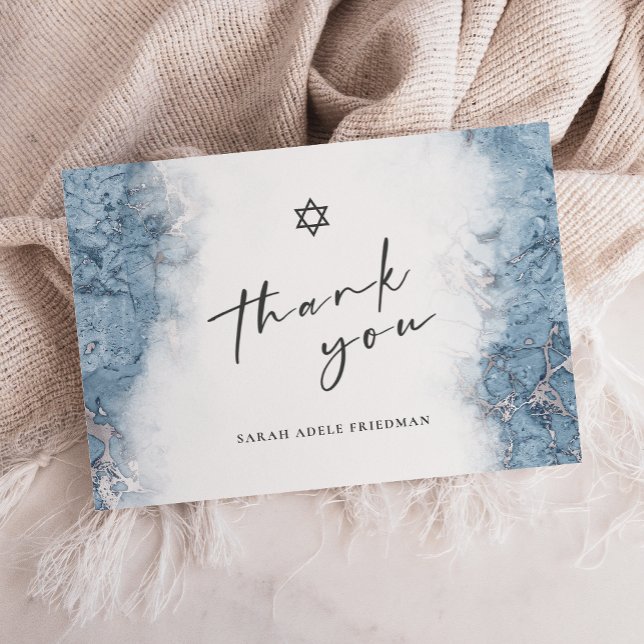 Blue Silver Marble Bar or Bat Mitzvah Thank You Card (Creator Uploaded)