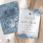 Blue Silver Marble Bat Mitzvah Invitation<br><div class="desc">This elegant bat mitzvah invitation features a light blue watercolor border design in imitation of marble veined with faux silver foil, fading gradually into the white background. The words "bat mitzvah" appears in charcoal grey handwriting script, with the remaining text in serif capitals. The blue and silver marble pattern is...</div>