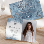 Blue Silver Marble Bat Mitzvah Thank You Card<br><div class="desc">This elegant modern photo bar or bat mitzvah thank you card features a light blue watercolor border design in imitation of marble veined with faux silver foil, fading gradually into the white background. A small Star of David appears above the words "thank you" in charcoal grey handwriting script, with an...</div>