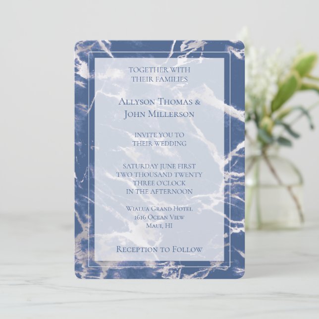 Blue Silver Marble Elegant Wedding Invitation (Standing Front)