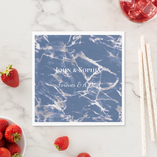 Blue Silver Marble Wedding Napkin (Insitu)