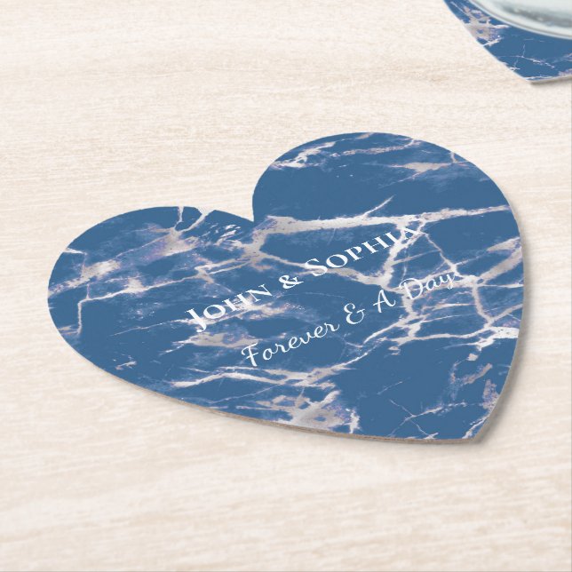 Blue Silver Marble Wedding Paper Coaster (Angled)