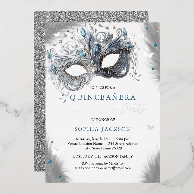Blue Silver Masquerade Mask Butterfly Quinceanera (Front/Back)