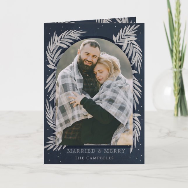 Blue Silver Merry Arch Botanical Photo Holiday Card (Front)