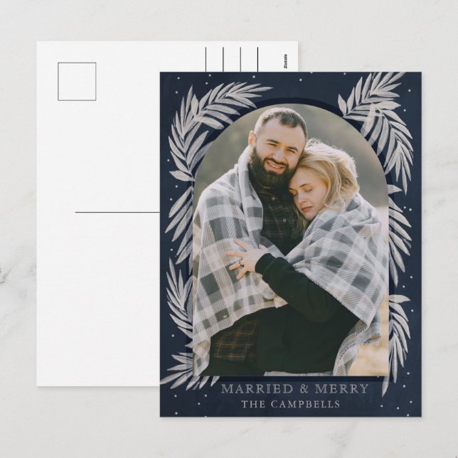 Blue Silver Merry Arch Botanical Photo  Holiday Postcard (Front/Back)