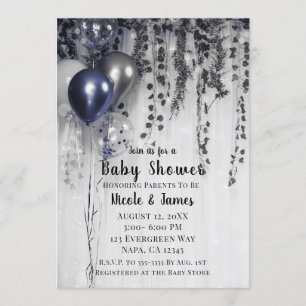 Blue Silver Metallic Balloons Ivy Baby Shower Invitation