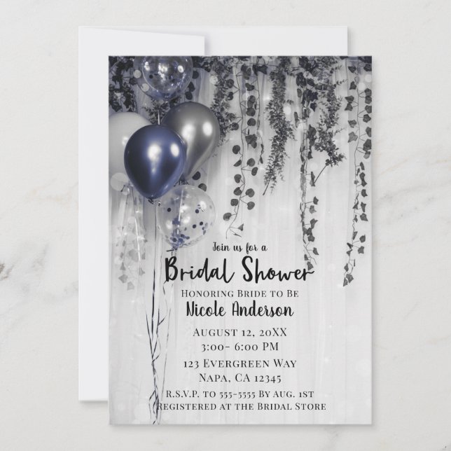 Blue Silver Metallic Balloons Ivy Bridal Shower Invitation (Front)