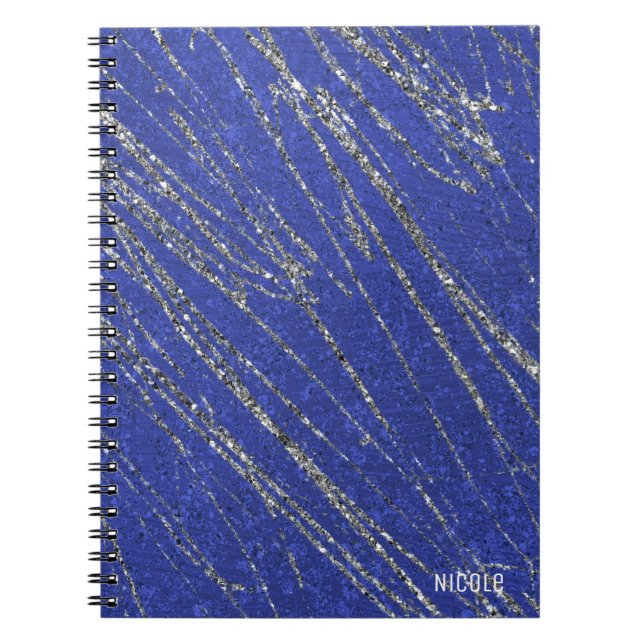 Blue & Silver Modern Glam Marble Stripe Designer Notebook (Front)