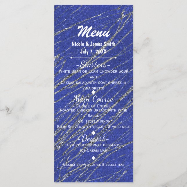 Blue & Silver Modern Glam Marble Stripe Party Menu (Front)