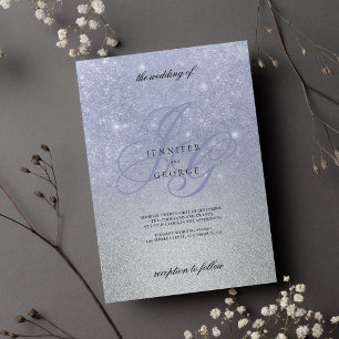 Blue silver monogram initial ombre glitter wedding invitation