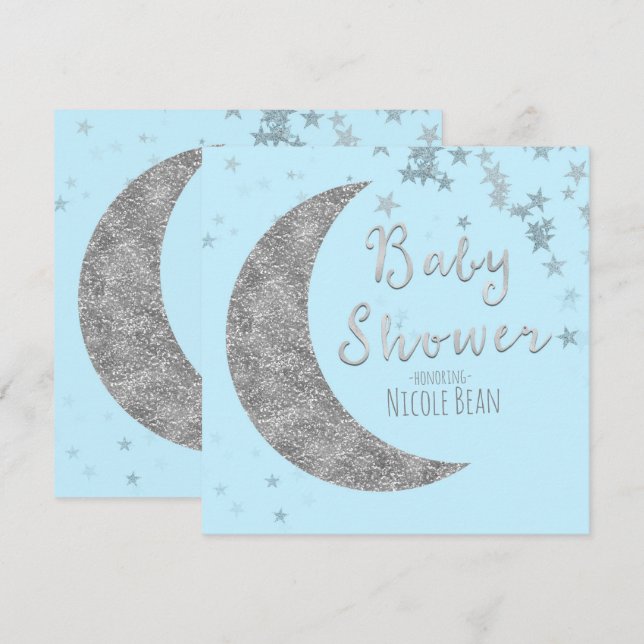 Blue & Silver Moon & Stars Baby Shower Invitations (Front/Back)