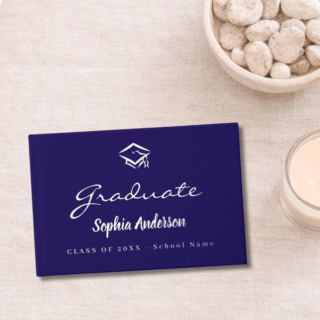 Blue silver name script cap Graduation Guest Book (Creator Uploaded)