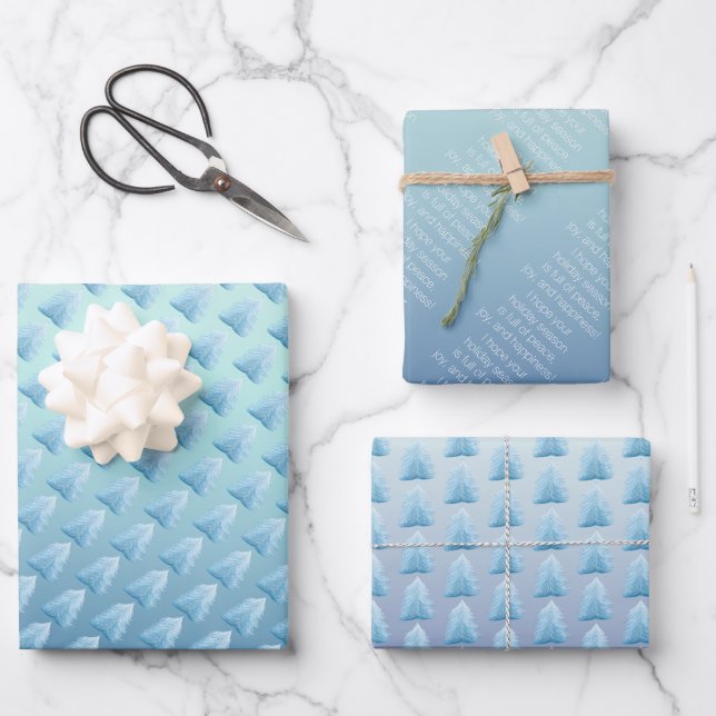 Blue Silver Nordic Tree Wrapping Paper Sheet (Front)