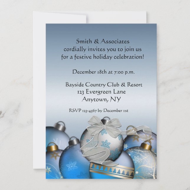 Blue Silver Ornaments Holiday Invitation (Front)