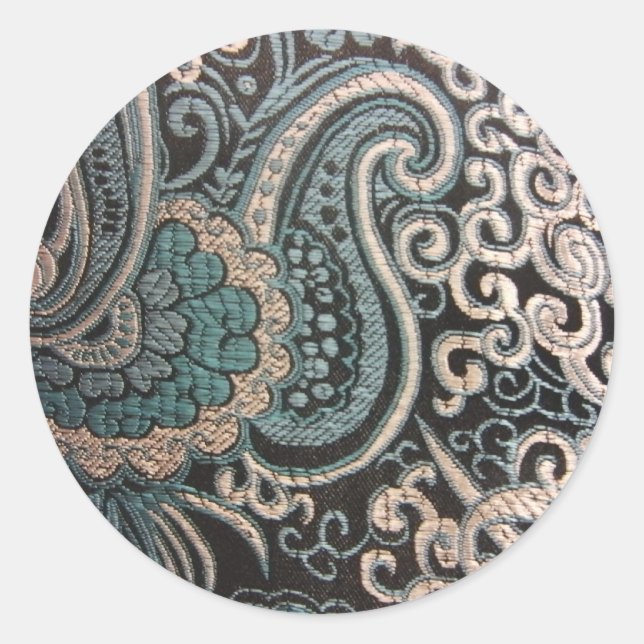Blue & Silver Paisley Brocade Classic Round Sticker (Front)