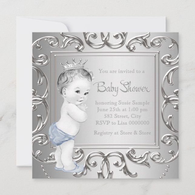 Blue Silver Prince Baby Shower Invitations (Front)