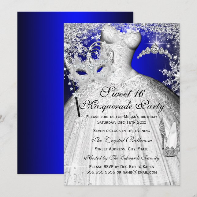 Blue & Silver Princess Masquerade Sweet 16 Invite (Front/Back)