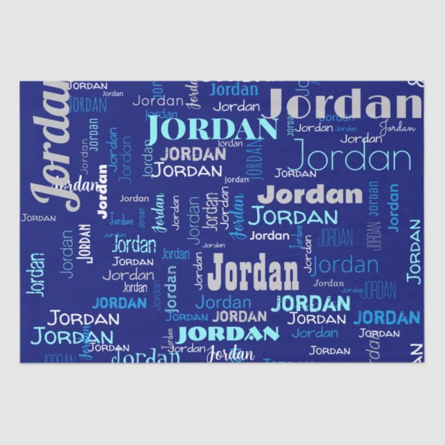   Blue & Silver Repeating Name Personalised Tissue Paper (Front)