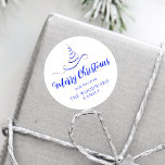 Blue Silver Ribbon Tree Merry Christmas Script Classic Round Sticker<br><div class="desc">This modern holiday sticker features a royal blue and silver faux foil ribbon Christmas tree sprinkled with silver faux glitter,  and the words "Merry Christmas" in stylish royal blue calligraphy script. Personalise it with your family's name in serif font.</div>