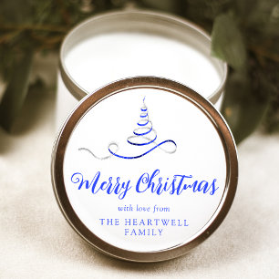 Blue Silver Ribbon Tree Merry Christmas Script Classic Round Sticker