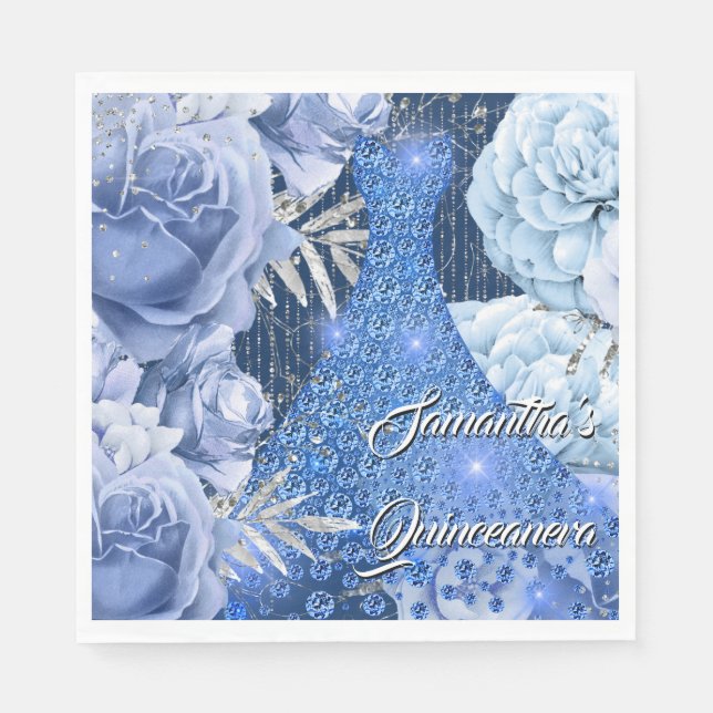 Blue silver rose floral womans glam birthday  napkin (Front)