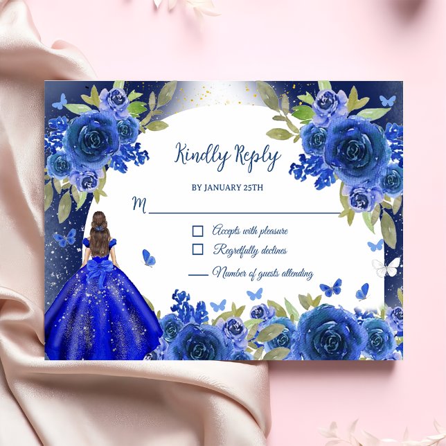 Blue Silver Rose Quinceanera Birthday RSVP Card (Creator Uploaded)